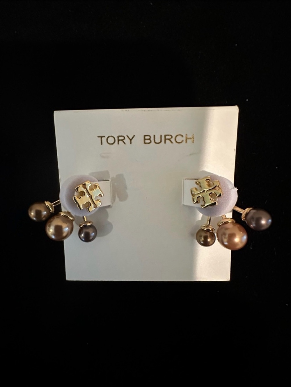 Tory Burch Gold Logo Earrings with Champagne and Brown Pearl Drops